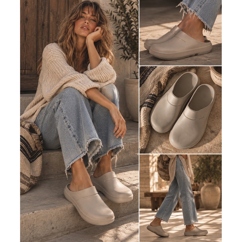 OOFOS OOcloog Luxe Recovery Clog Latte Beige M7 W9 EU40 Slip On Mule